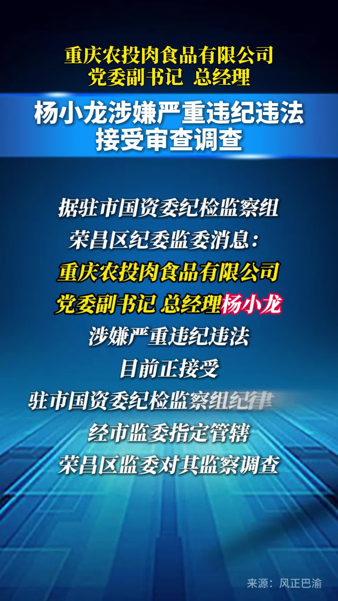 重庆农投肉食品有限公司党委副书记、总经理杨小龙涉嫌严重违纪违法接受审查调查