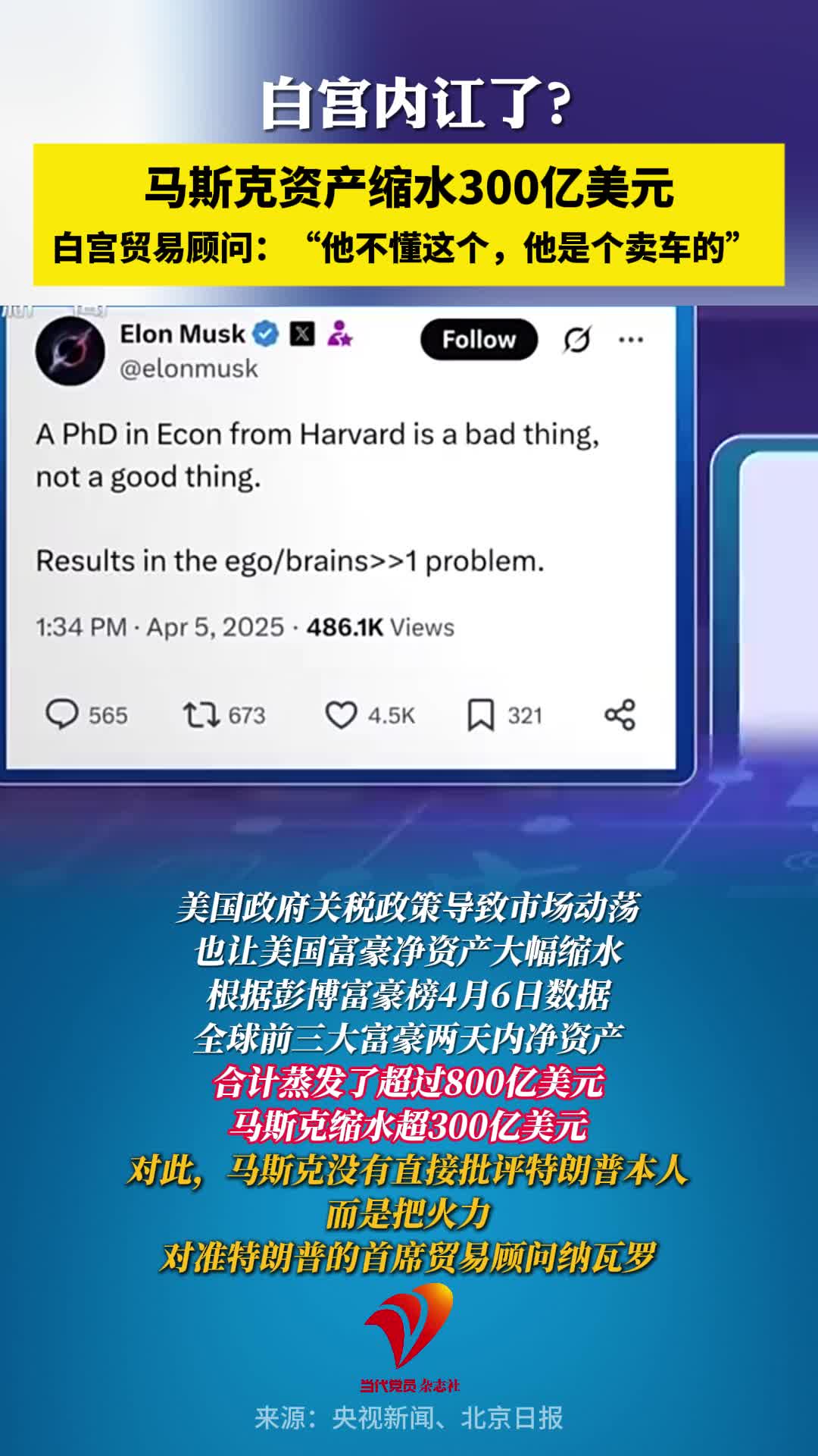 白宫内讧了？马斯克资产缩水300亿美元矛头直指白宫贸易顾问，纳瓦罗：“他不懂这个，他是个卖车的”#贸