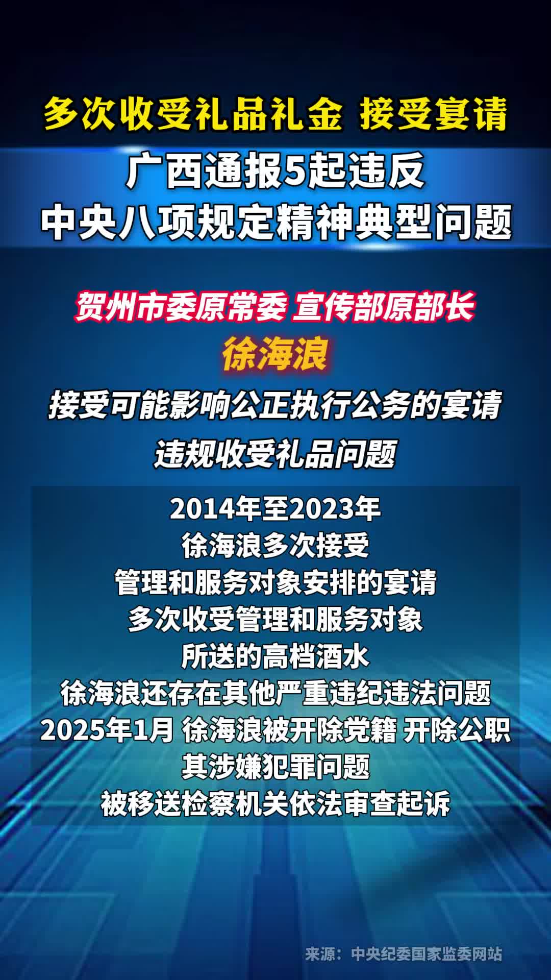 多次收受礼品礼金、接受宴请......广西通报5起违反中央八项规定精神典型问题