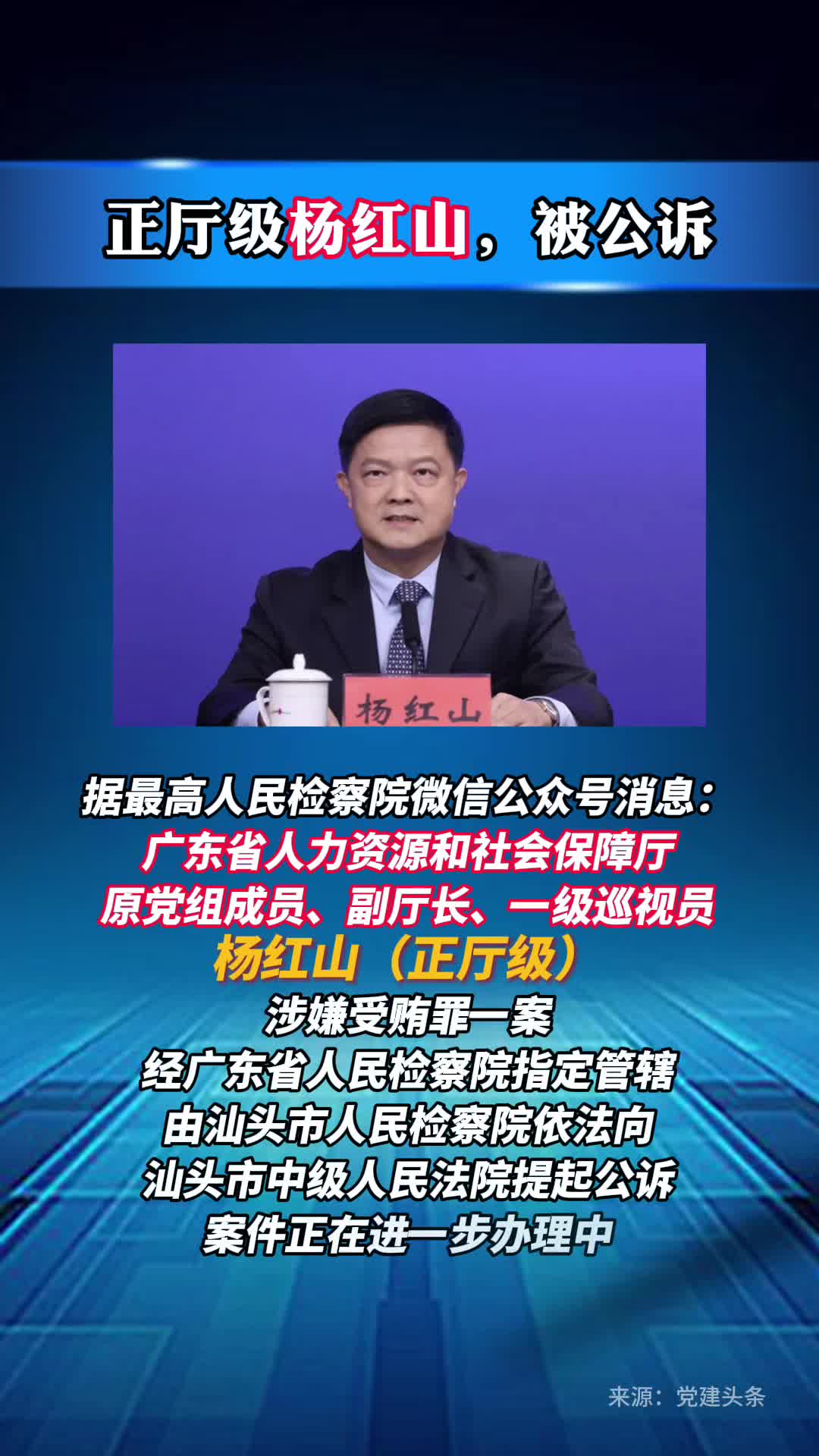 正厅级杨红山，被公诉