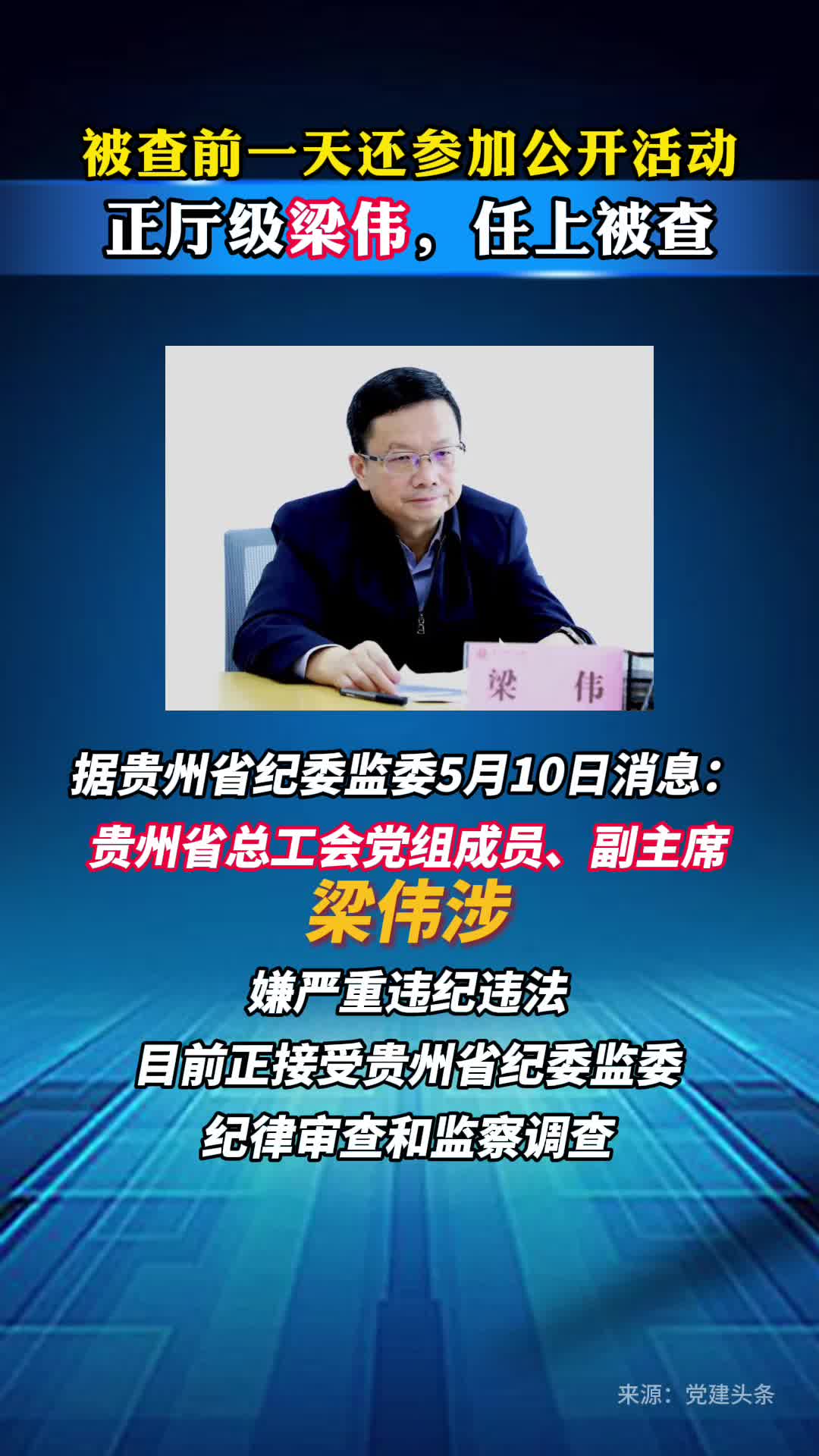 贵州省总工会副主席梁伟被查，被查前一天还参加公开活动