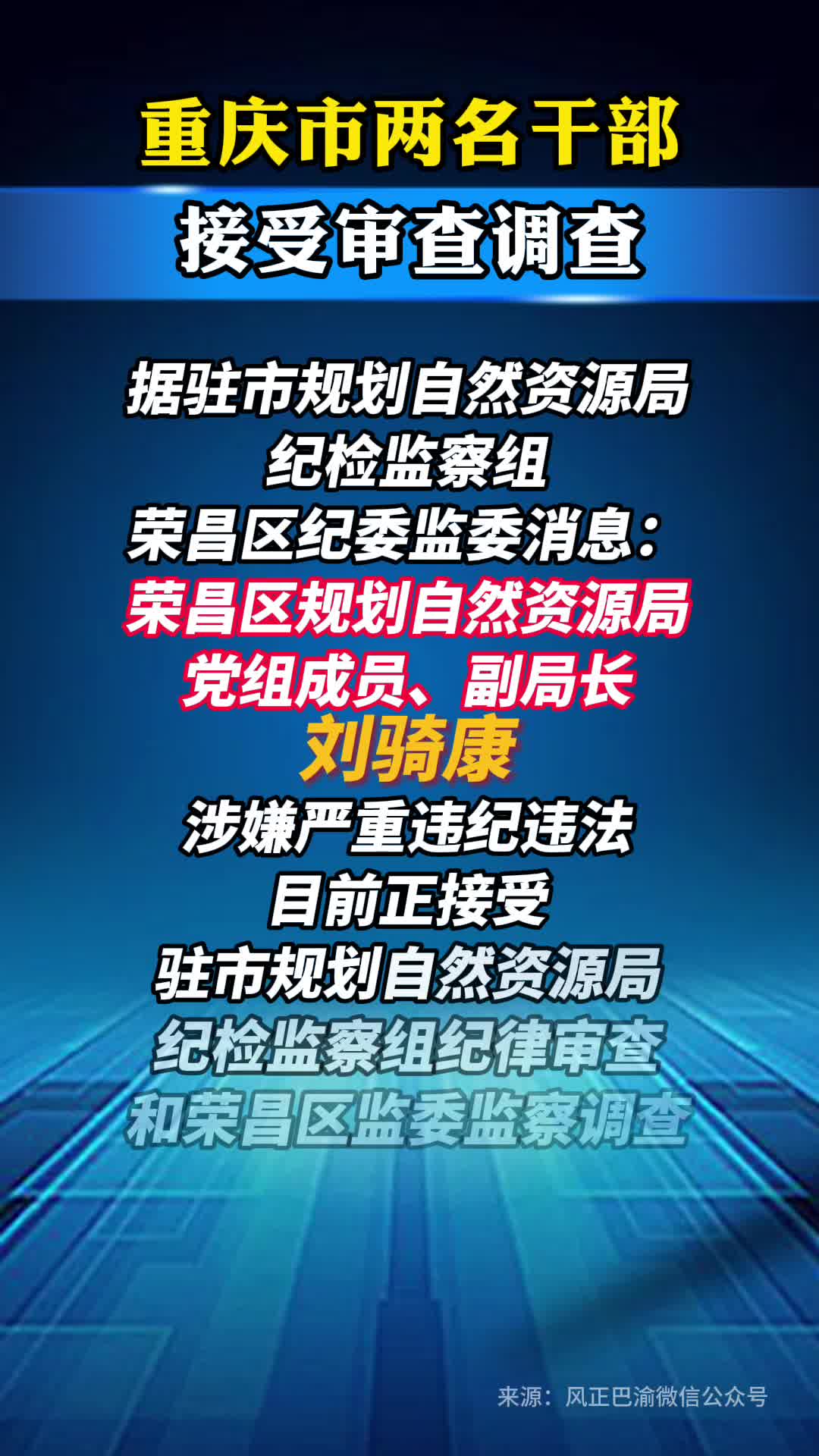 重庆市两名干部接受审查调查