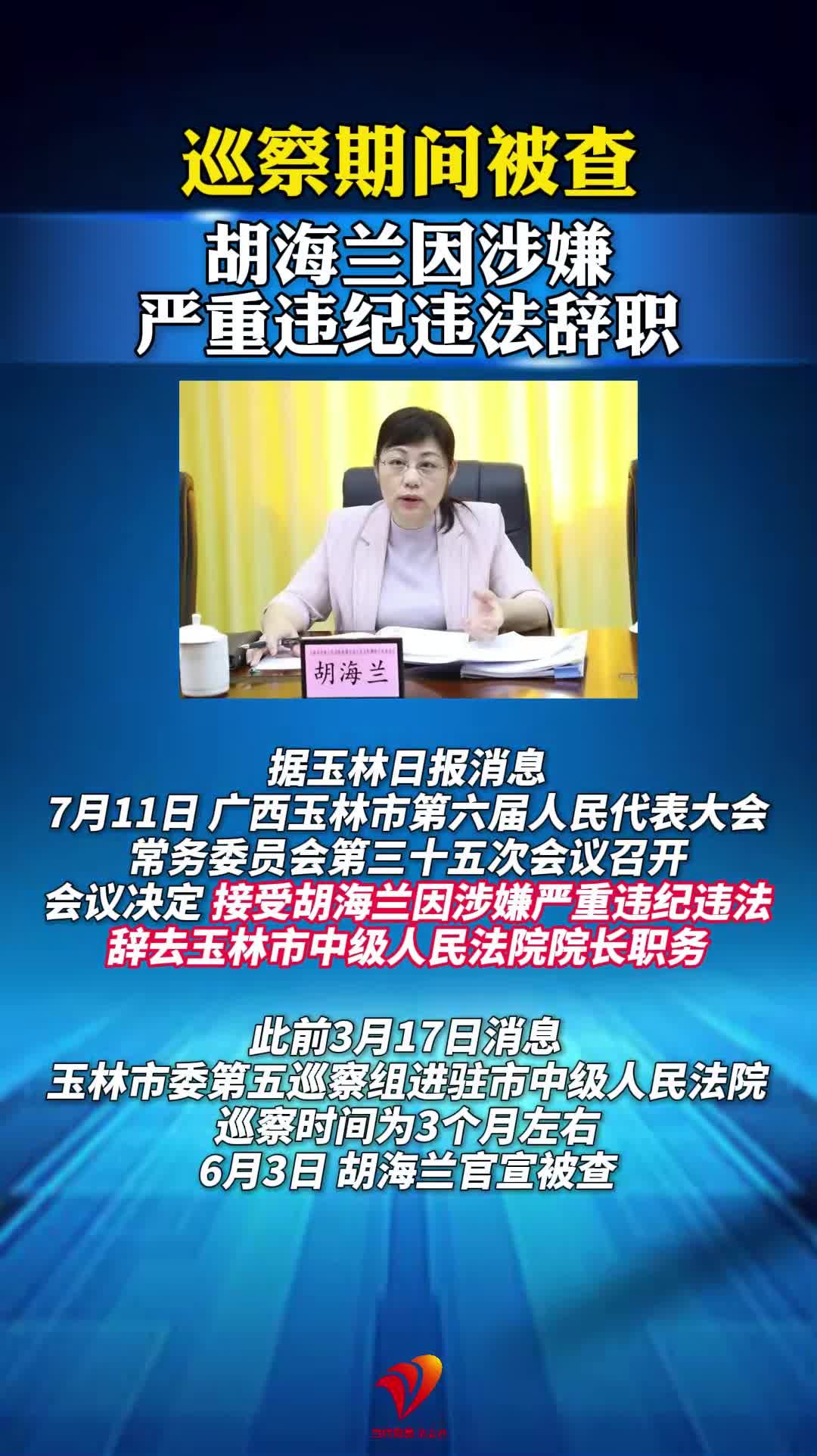 巡察期间被查，胡海兰因涉嫌严重违纪违法辞职