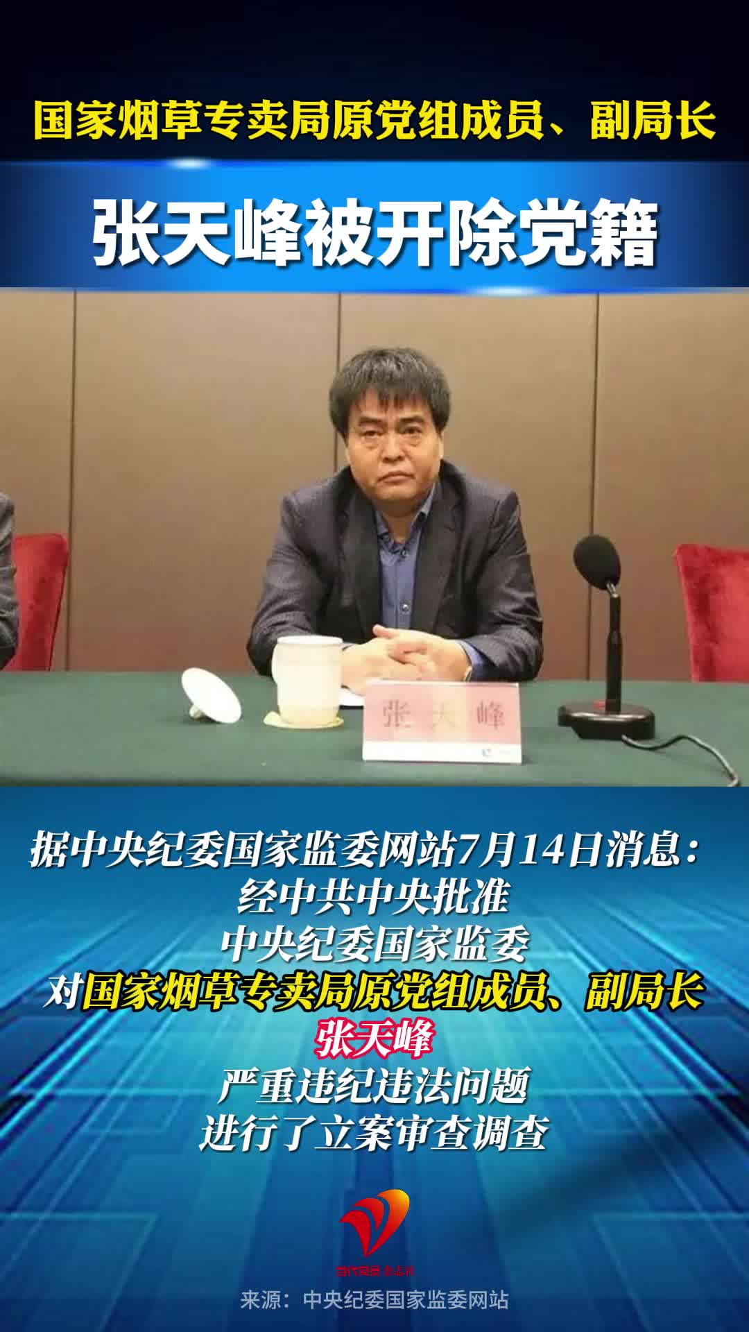 国家烟草专卖局原党组成员、副局长张天峰严重违纪违法被开除党籍