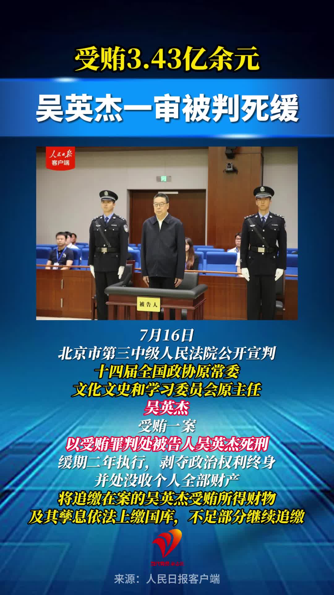 受贿3.43亿余元，吴英杰一审被判死缓