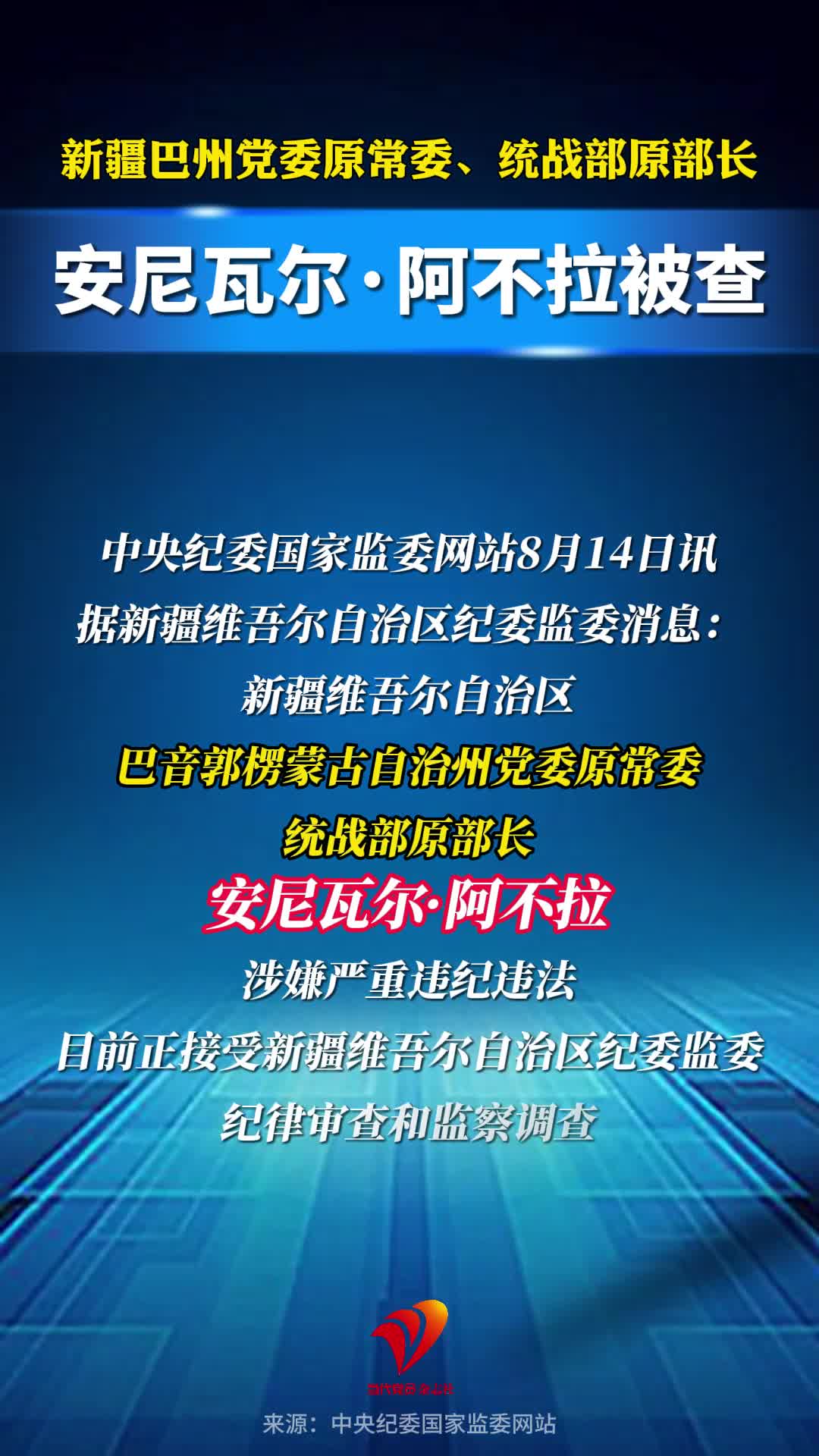 新疆巴州党委原常委、统战部原部长安尼瓦尔·阿不拉被查