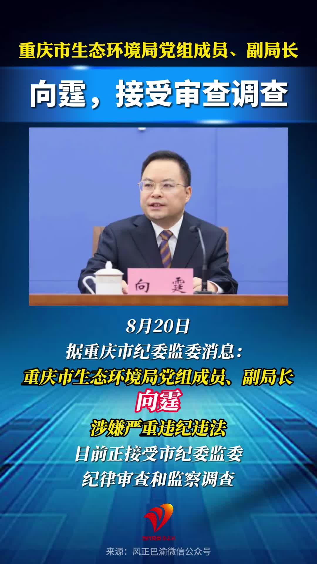 重庆市生态环境局党组成员、副局长向霆接受审查调查