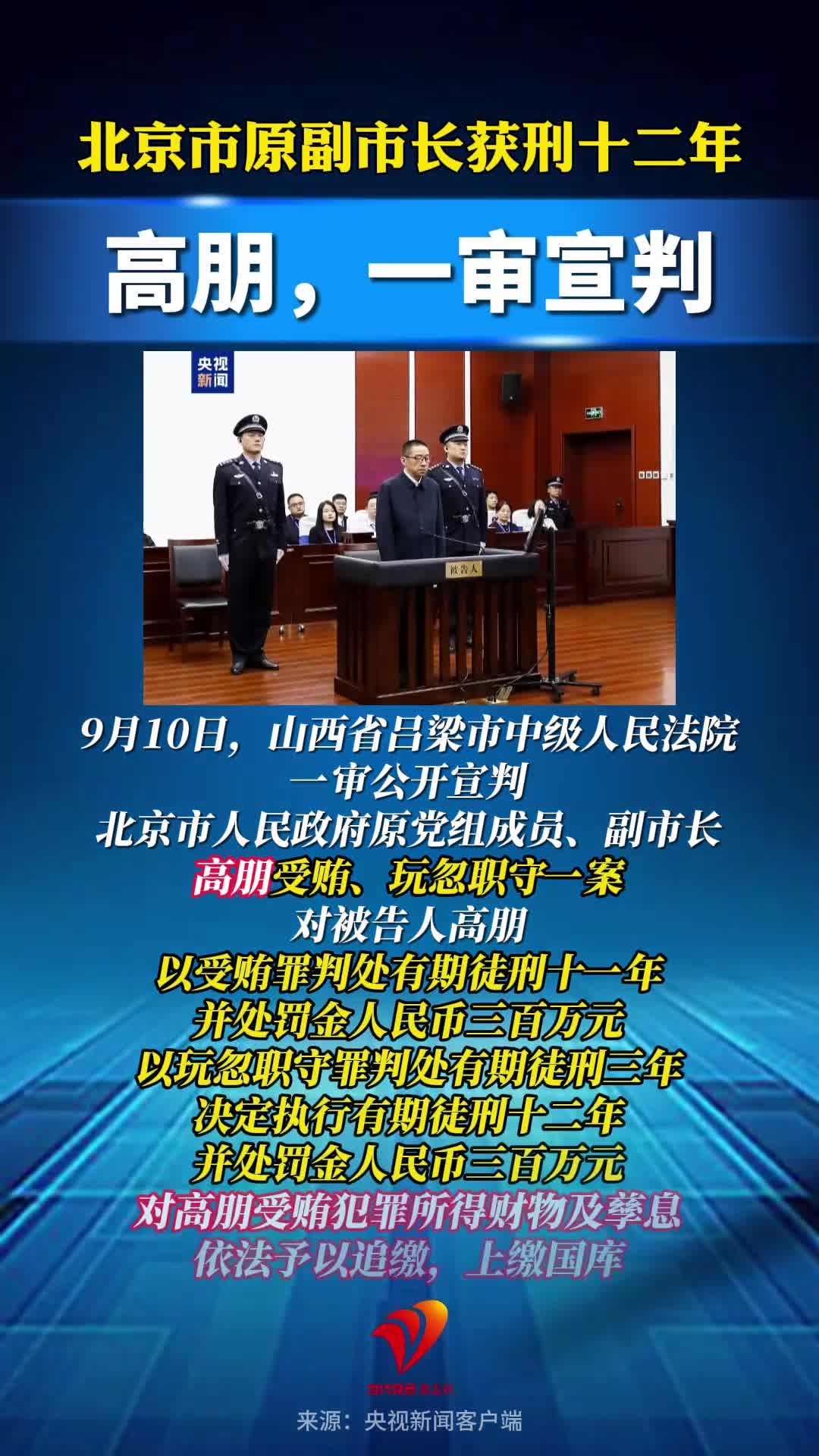北京市原副市长获刑十二年，高朋，一审宣判！