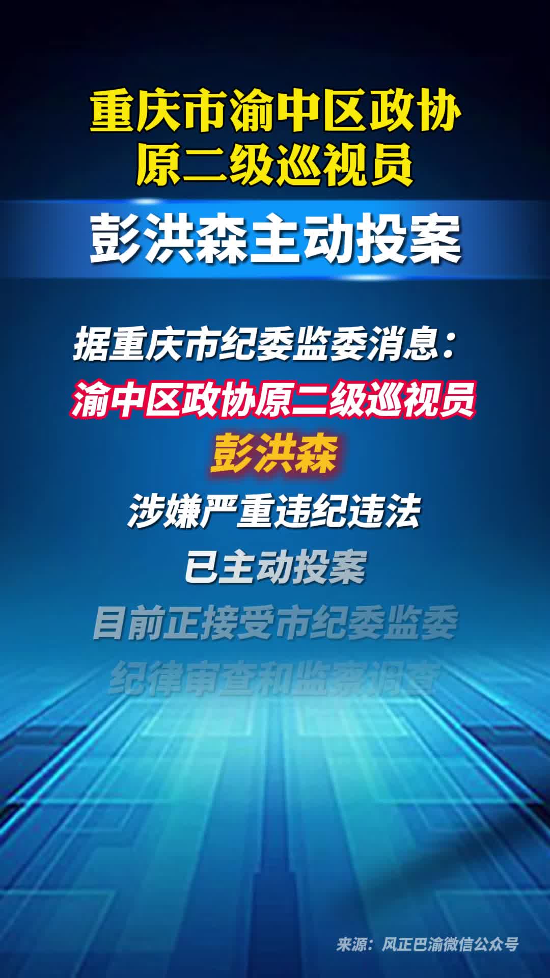 重庆市渝中区政协原二级巡视员彭洪森主动投案
