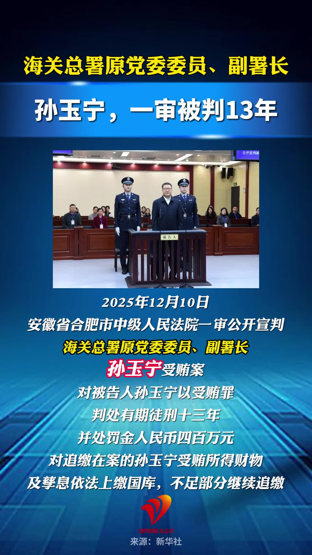 受贿数额特别巨大，孙玉宁一审被判13年#海关总署 #反腐倡廉