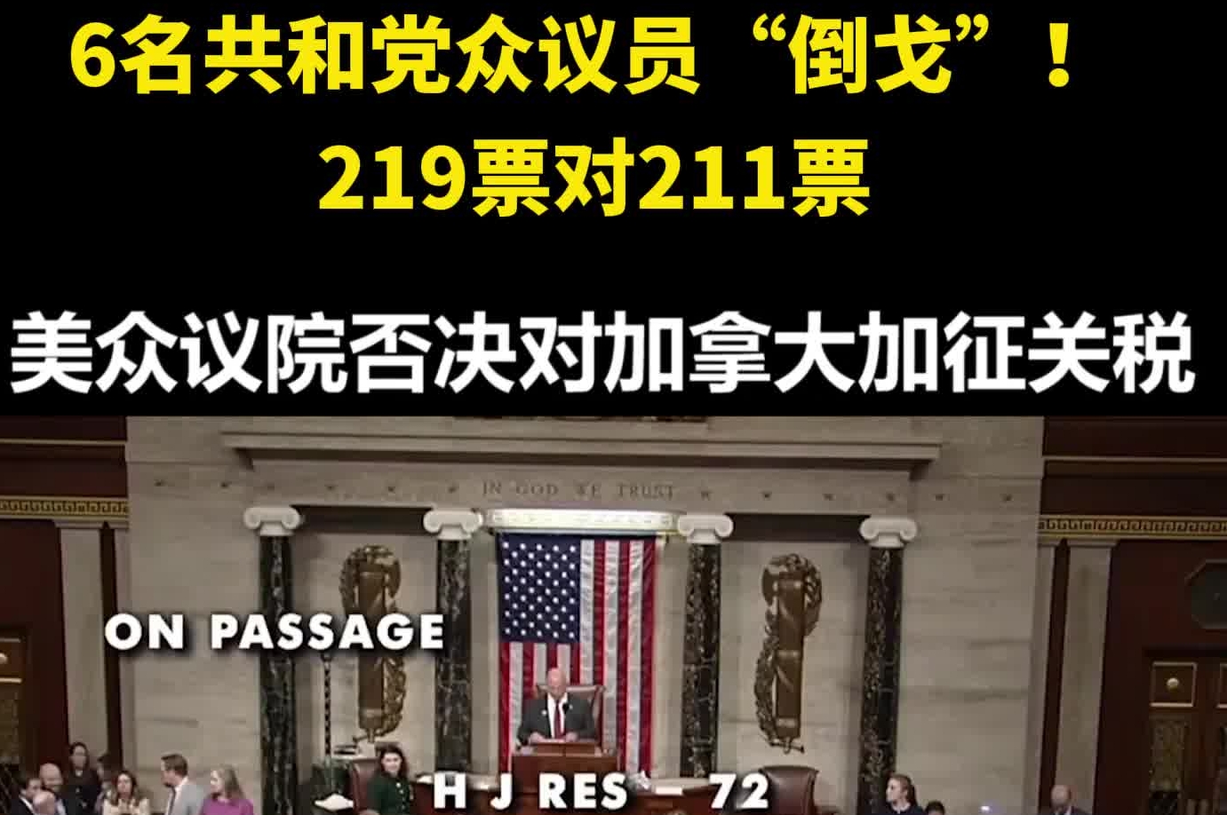 6名共和党众议员“倒戈”！219票对211票，美众议院否决对加拿大加征关税