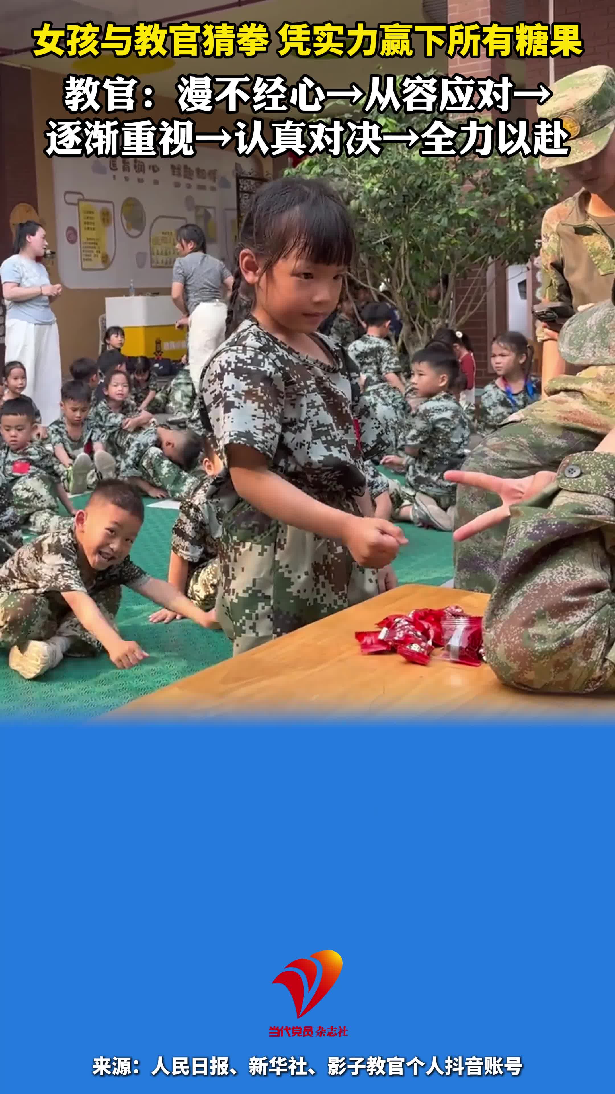 女孩与教官猜拳，凭实力赢下所有糖果。教官：漫不经心→从容应对→逐渐重视→认真对决→全力以赴