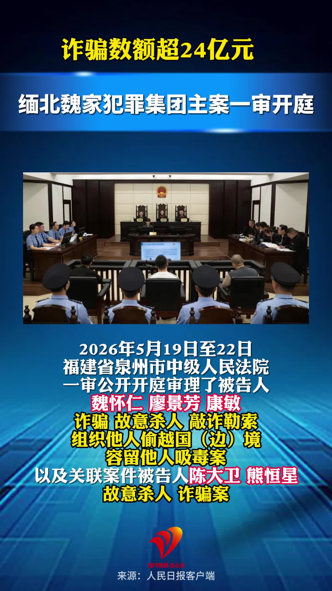 诈骗数额超24亿元 缅北魏家犯罪集团主案一审开庭
