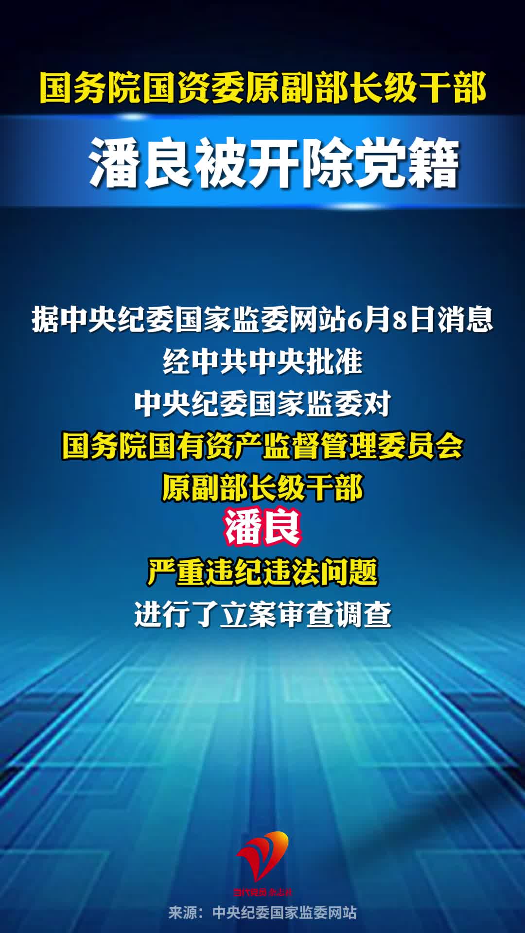 国务院国资委原副部长级干部潘良被开除党籍