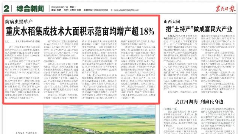 农民日报看重庆｜防病虫提单产 重庆水稻集成技术大面积示范亩均增产超18%