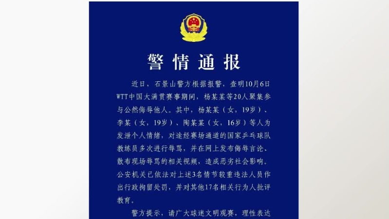 北京警方通报：3人为发泄情绪辱骂国乒教练员被行拘！